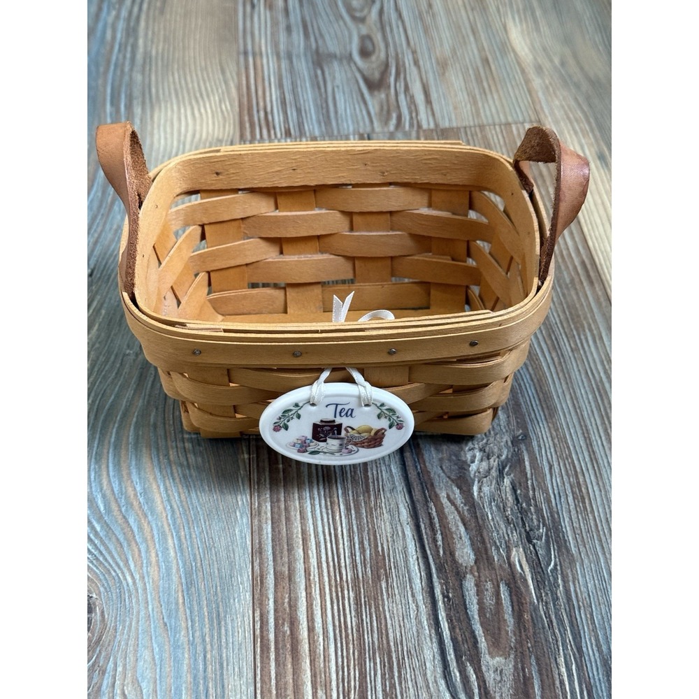 Longaberger Sweet Basil Basket w/ Leather Handles & Porcelain Tie On 1998 7x5